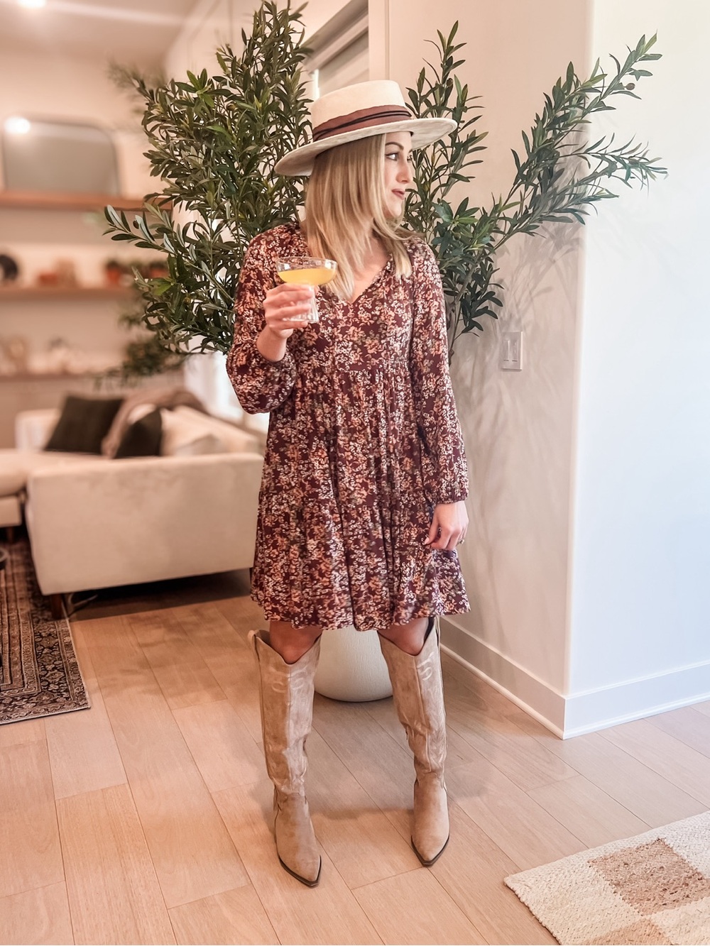 BeCool Fall Floral Shift Dress Long Sleeve Tie Top Small